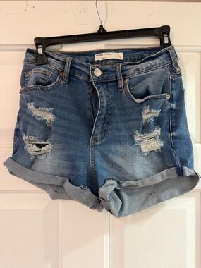 Garage Distressed Rolled-Hem Denim Shorts - Blue